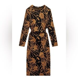 ZARA Black/Orange Midi Cut Out Jacquard Long Sleeve Dress Size L